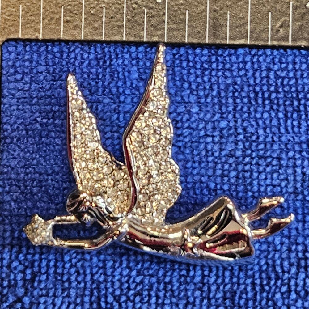 Vintage AJC Signed Silver Tone Pave Rhinestone Angel Trumpet Pin